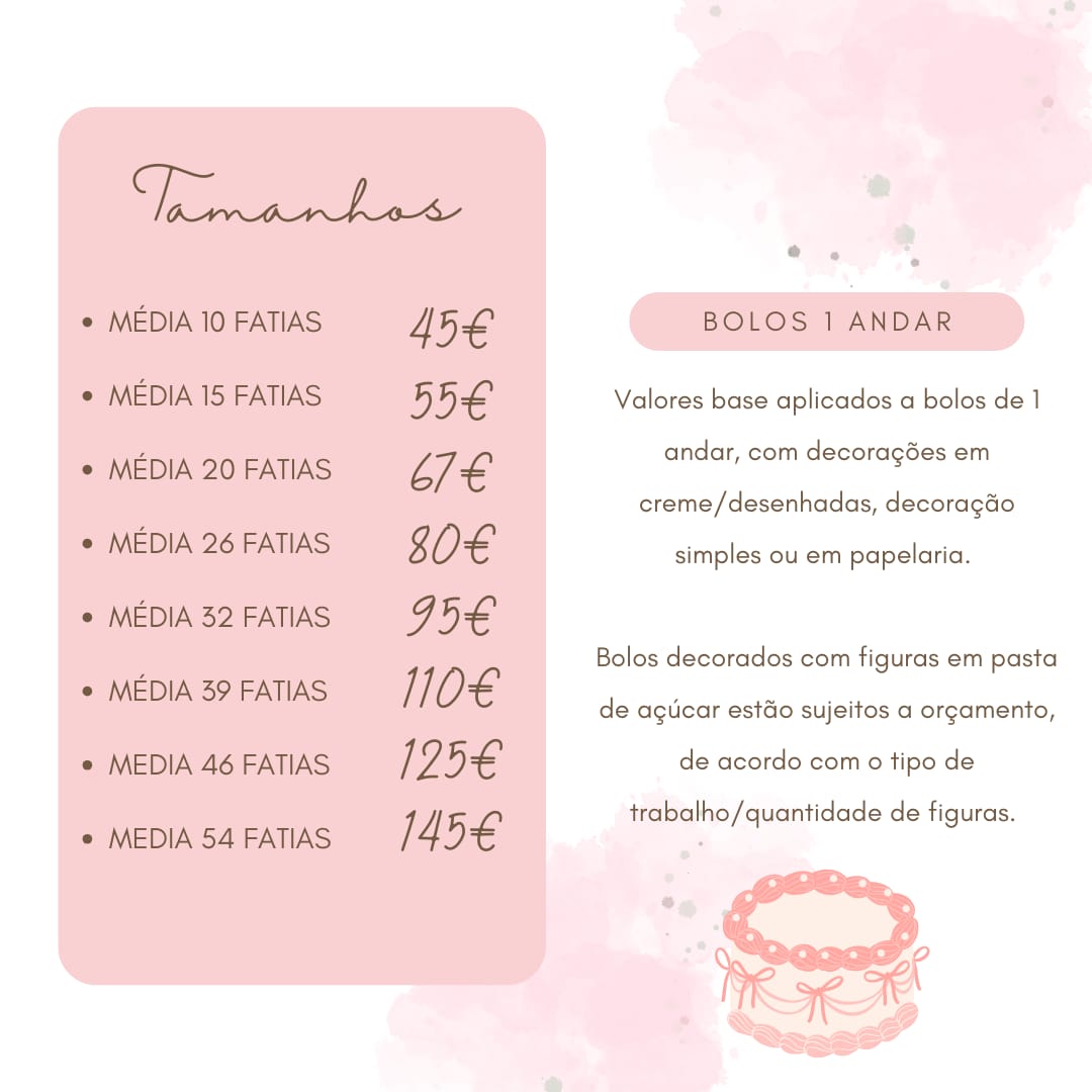 Bolos 1 Andar - Tamanhos e Preços