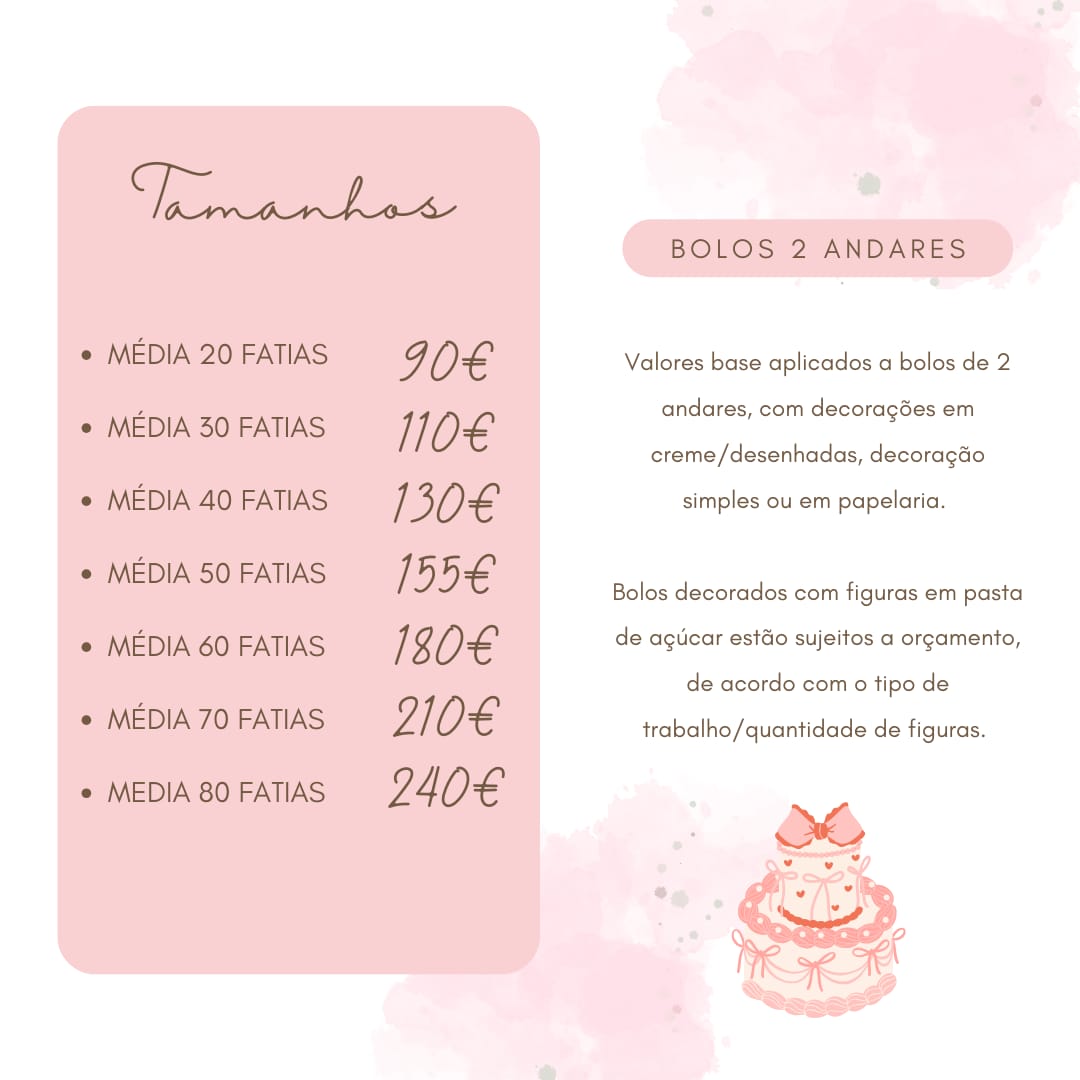 Bolos 2 Andares - Tamanhos e Preços